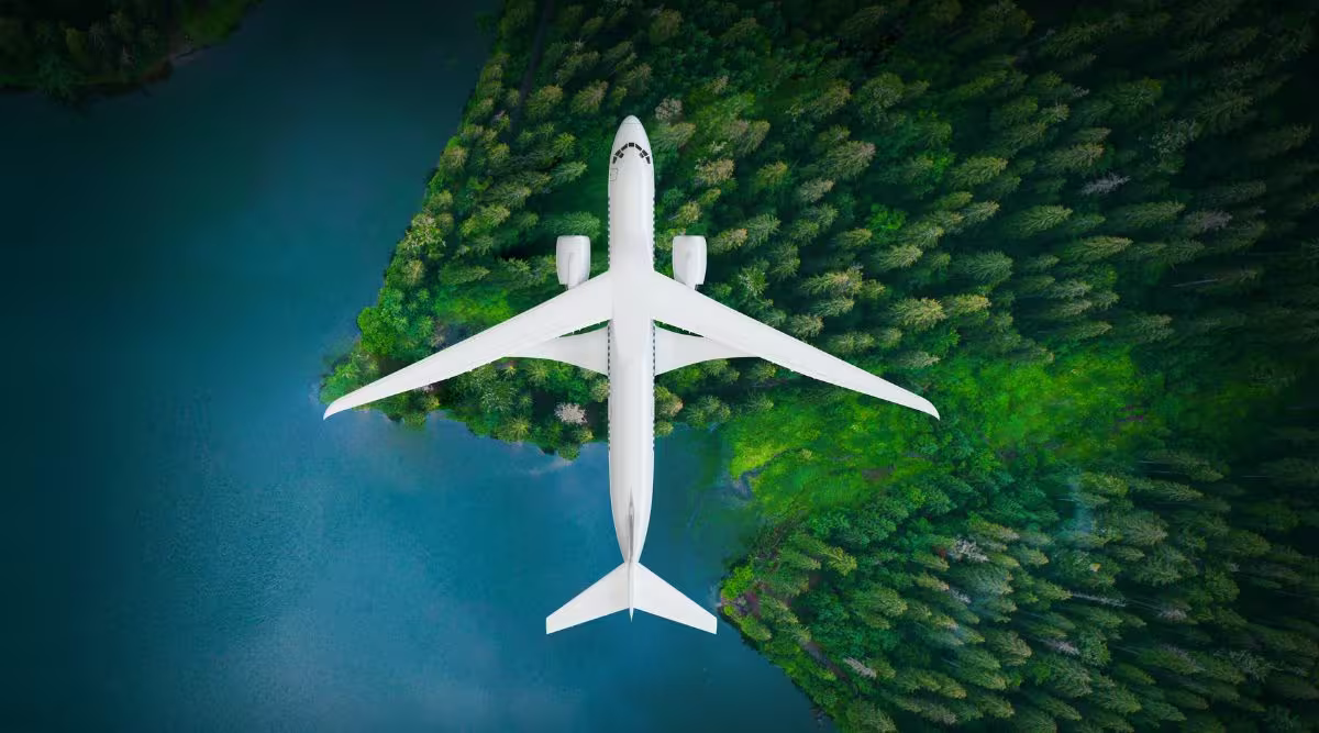 Airplane flying over a forest.